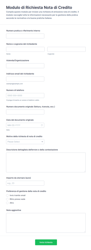 Modulo Di Richiesta Nota Di Credito