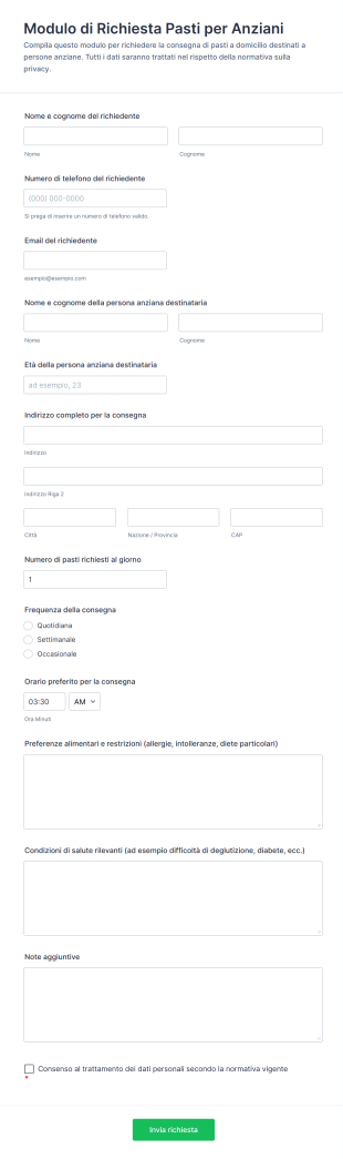 Modulo Di Richiesta Pasti Per Anziani