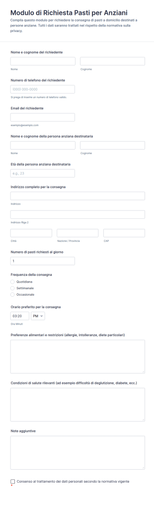Modulo Di Richiesta Pasti Per Anziani