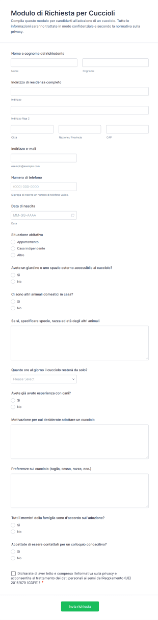 Modulo Di Richiesta Per Cuccioli