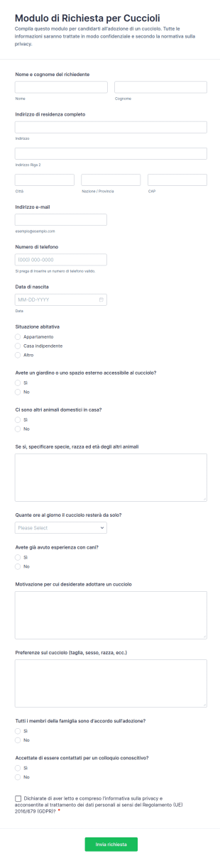 Modulo Di Richiesta Per Cuccioli