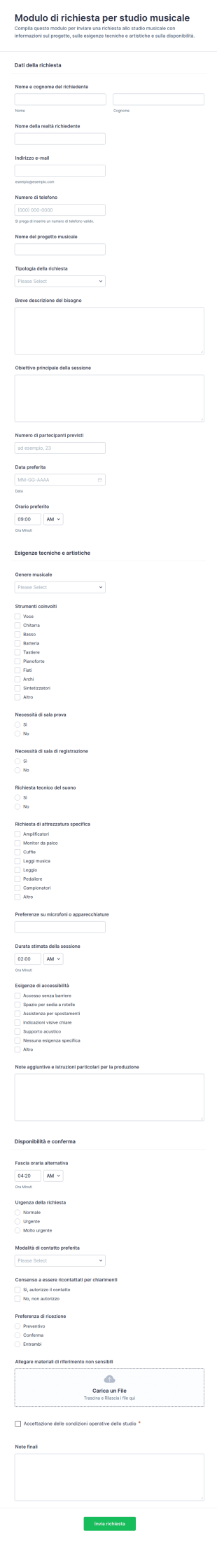 Modulo Di Richiesta Per Studio Musicale