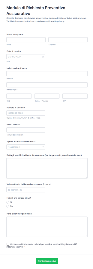 Modulo Di Richiesta Preventivo Assicurativo