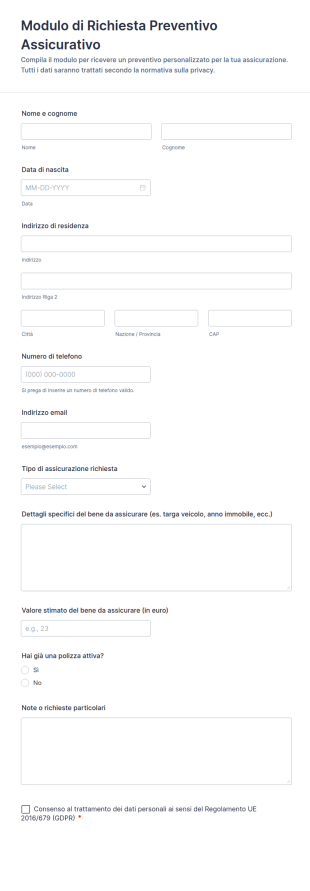 Modulo Di Richiesta Preventivo Assicurativo