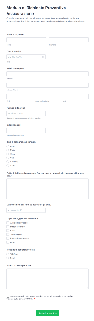 Modulo Di Richiesta Preventivo Assicurazione