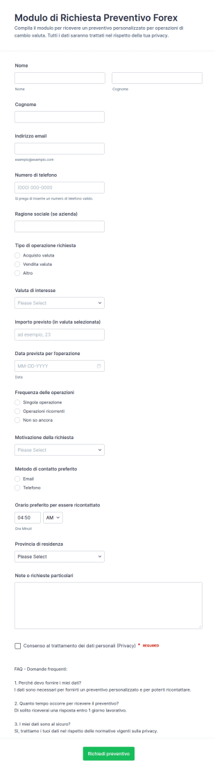 Modulo Di Richiesta Preventivo Forex