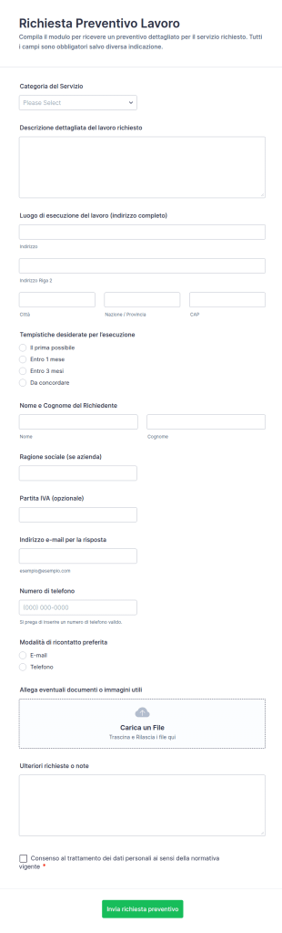 Modulo Di Richiesta Preventivo Lavori