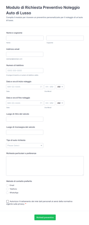 Modulo Di Richiesta Preventivo Noleggio Auto Di Lusso
