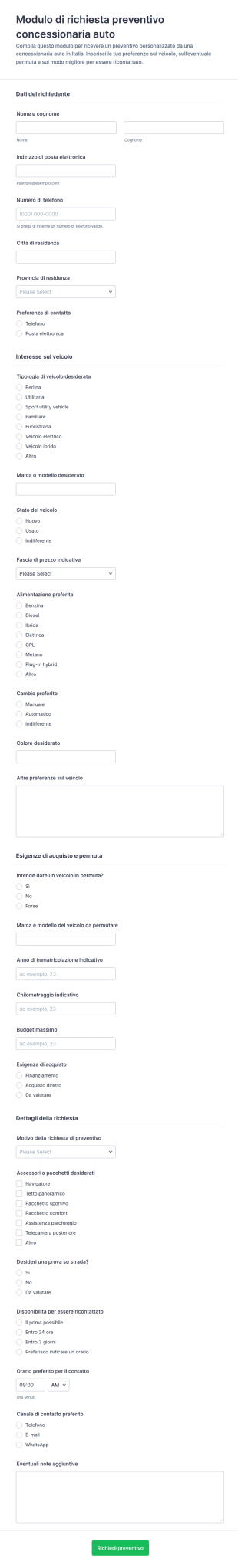 Modulo Di Richiesta Preventivo Per Concessionario Automobilistico