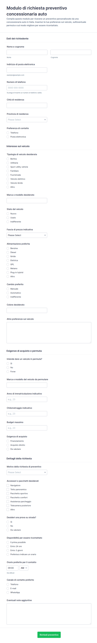 Modulo Di Richiesta Preventivo Per Concessionario Automobilistico
