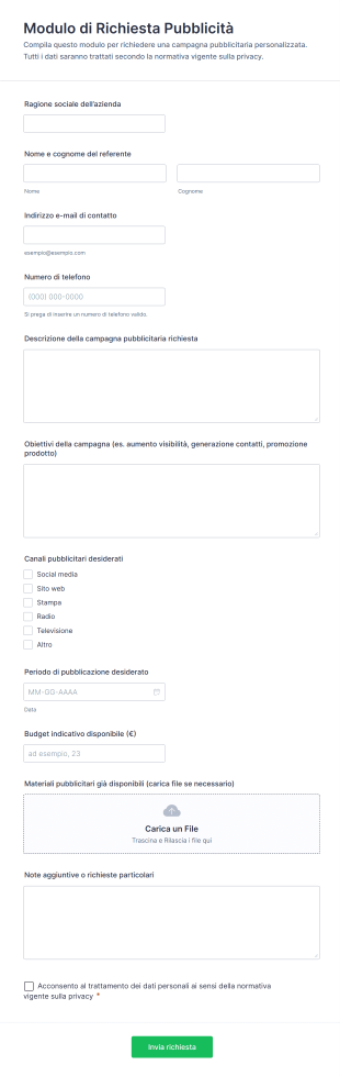 Modulo Di Richiesta Pubblicità