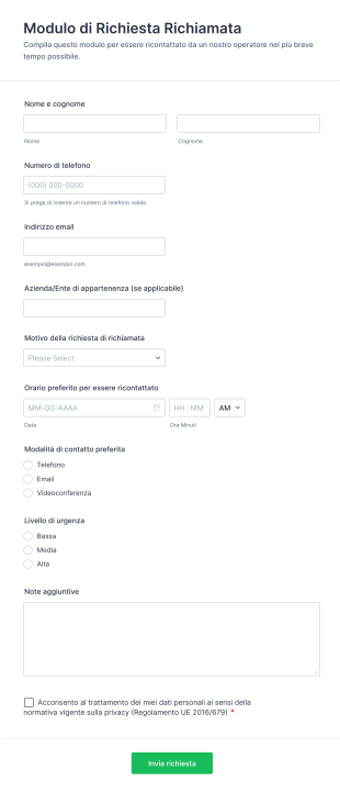 Modulo Di Richiesta Richiamata