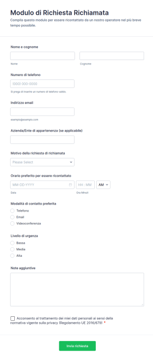 Modulo Di Richiesta Richiamata