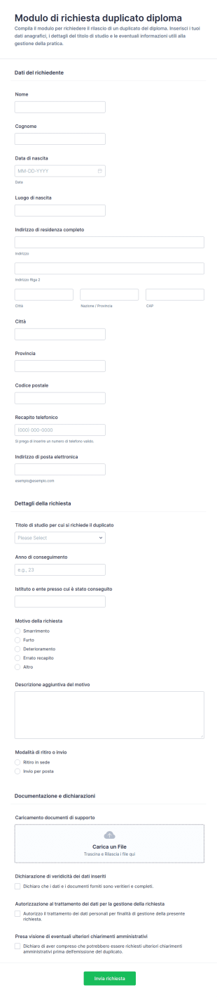 Modulo Di Richiesta Rilascio Diploma Sostitutivo
