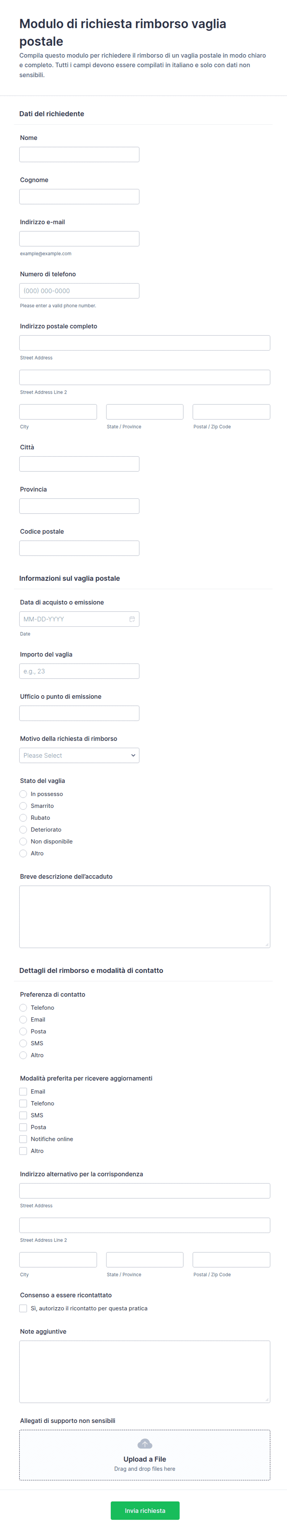 Modulo di Richiesta Rimborso per Ordine di Pagamento | Jotform