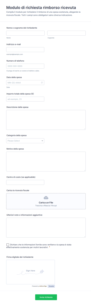 Modulo Di Richiesta Rimborso Ricevuta