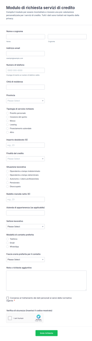 Modulo Di Richiesta Servizi Di Credito