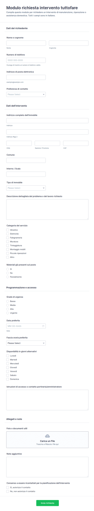 Modulo Di Richiesta Servizi Di Manutenzione