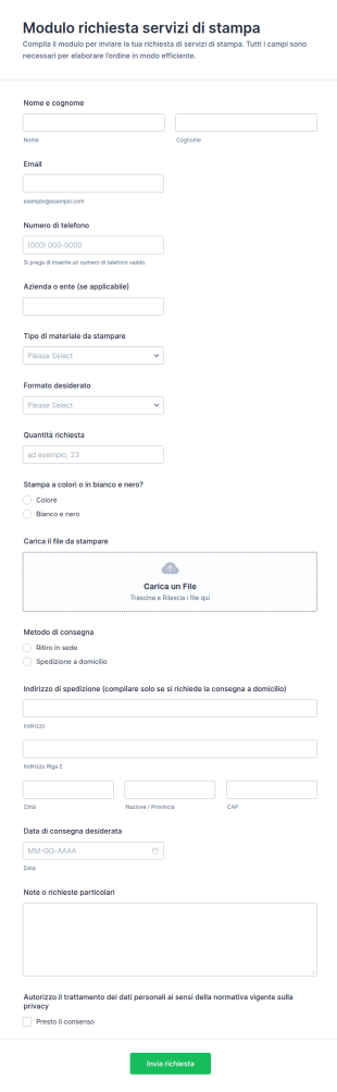 Modulo Di Richiesta Servizi Di Stampa