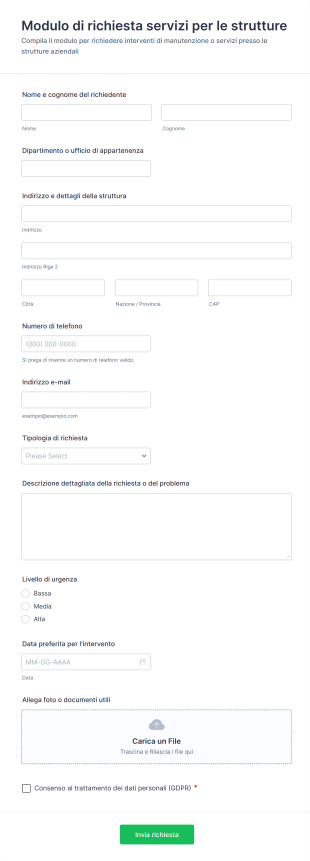 Modulo Di Richiesta Servizi Per Le Strutture