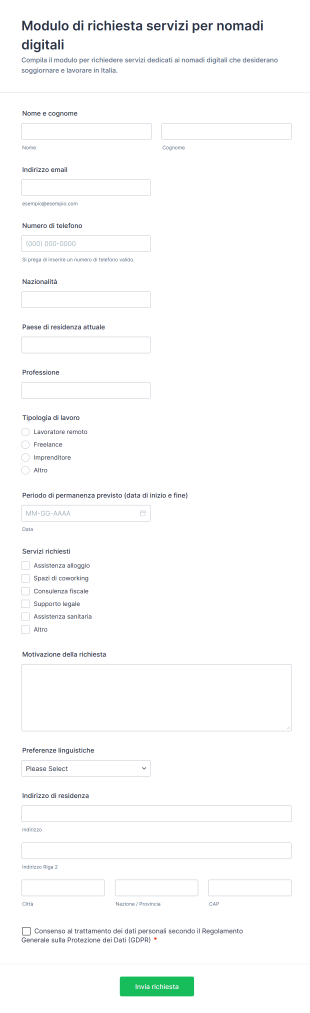 Modulo Di Richiesta Servizi Per Nomadi Digitali