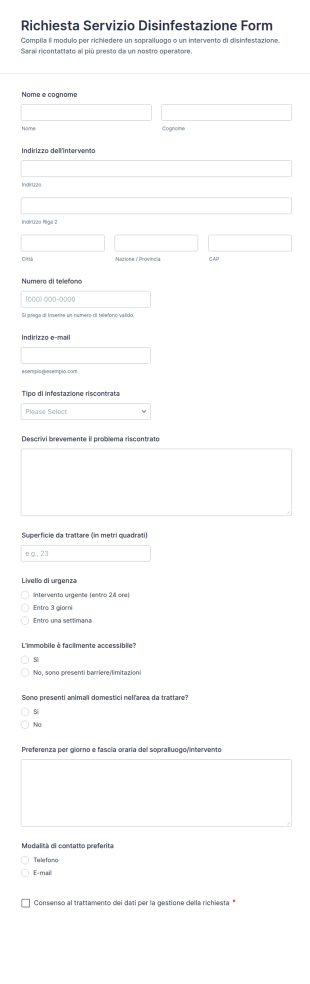 Modulo Di Richiesta Servizio Antiparassitario