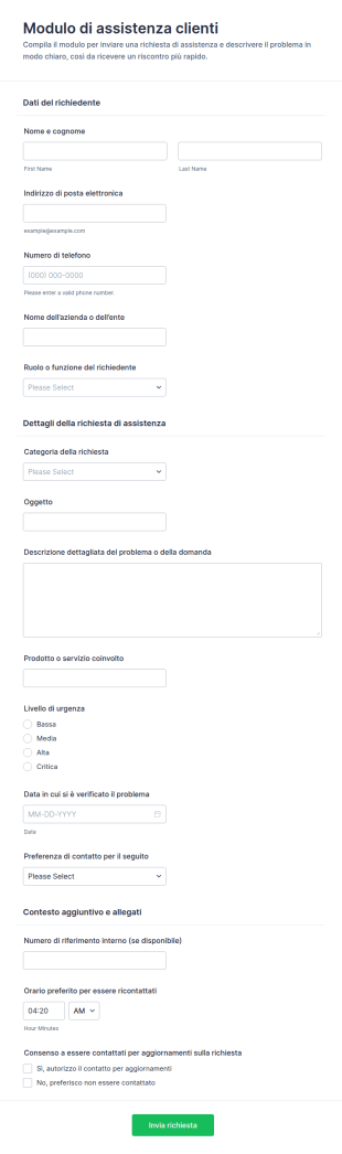 Modulo Di Richiesta Supporto Clienti