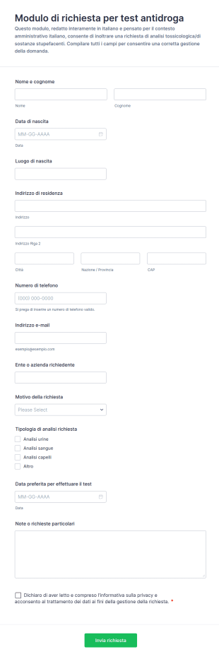 Modulo Di Richiesta Test Antidroga