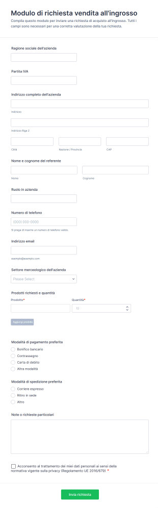 Modulo Di Richiesta Vendita All'ingrosso