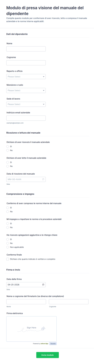 Modulo Di Riconoscimento Del Manuale Del Dipendente