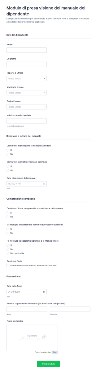 Modulo Di Riconoscimento Del Manuale Del Dipendente