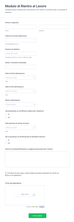 Modulo Di Rientro Al Lavoro
