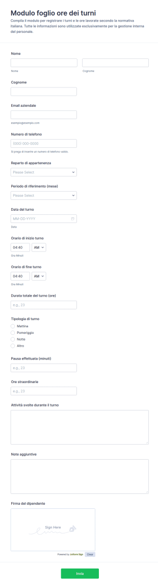 Modulo Di Riepilogo Orari Di Turno