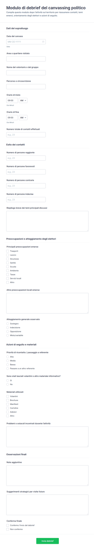 Modulo Di Riepilogo Per Volontari Politici