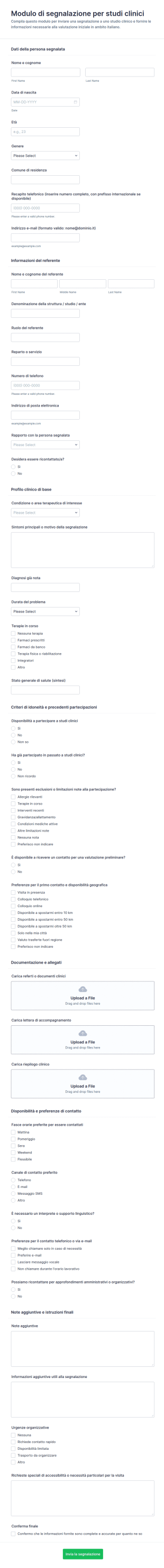 Modulo Di Riferimento Per Studi Clinici