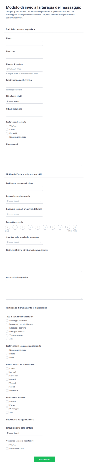 Modulo Di Riferimento Per Terapia Del Massaggio