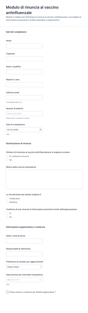 Modulo Di Rifiuto Alla Vaccinazione Influenzale