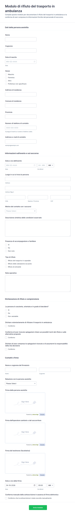 Modulo Di Rifiuto Del Trasporto Sanitario Form