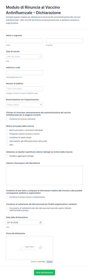 Modulo Di Rifiuto Del Vaccino Antinfluenzale