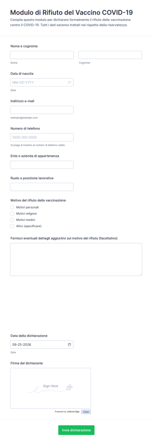 Modulo Di Rifiuto Del Vaccino COVID 19