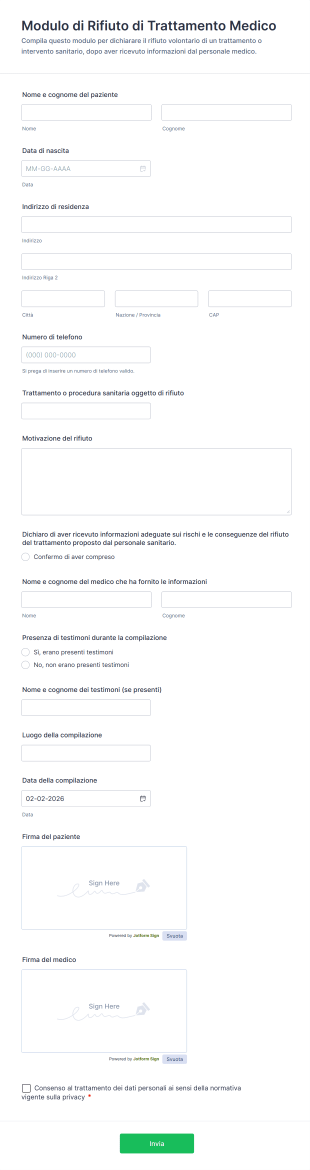 Modulo Di Rifiuto Di Trattamento Medico