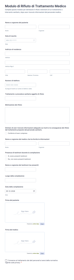 Modulo Di Rifiuto Di Trattamento Medico