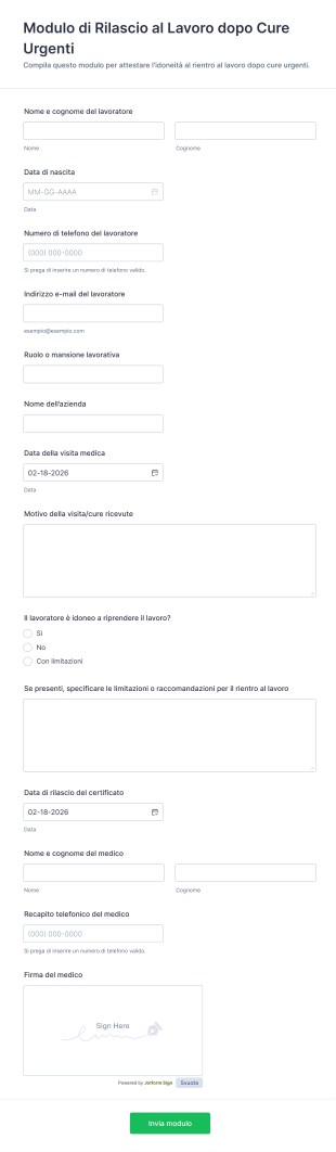 Modulo Di Rilascio Al Lavoro Dopo Cure Urgenti