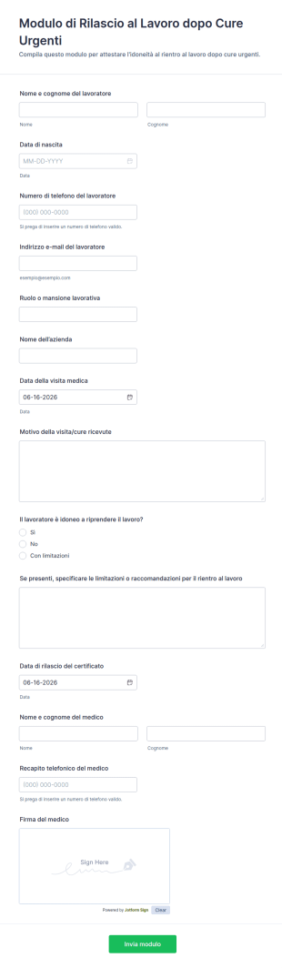 Modulo Di Rilascio Al Lavoro Dopo Cure Urgenti