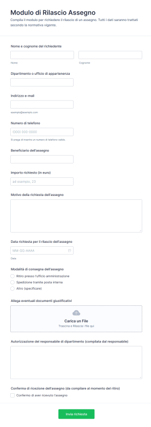 Modulo Di Rilascio Assegno