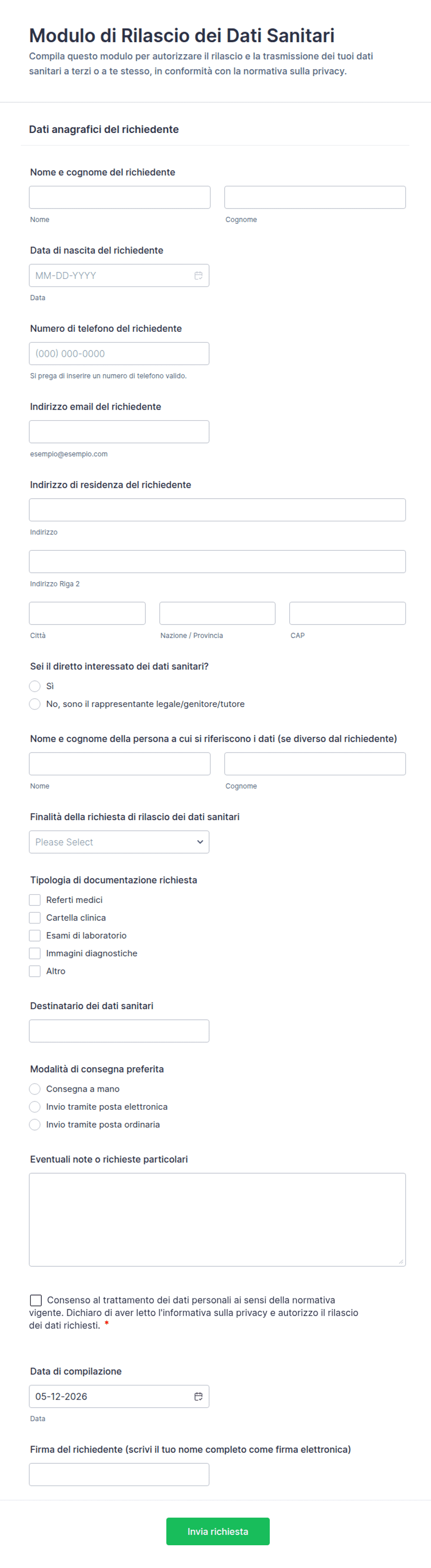 Modulo di Rilascio dei Dati Sanitari | Jotform
