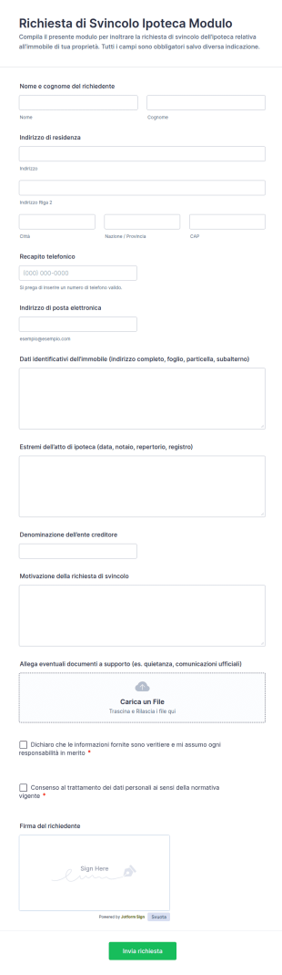 Modulo Di Rilascio Del Pegno Ipotecario