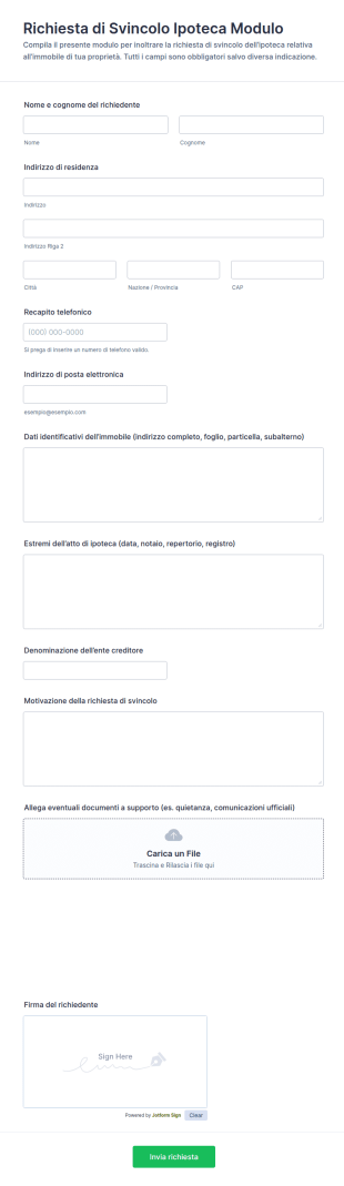 Modulo Di Rilascio Del Pegno Ipotecario