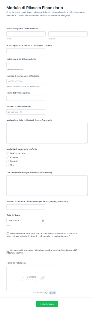 Modulo Di Rilascio Finanziario Form Template