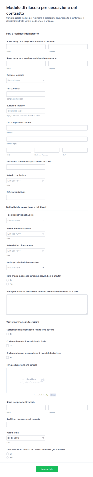 Modulo Di Rilascio Per Risoluzione Del Contratto